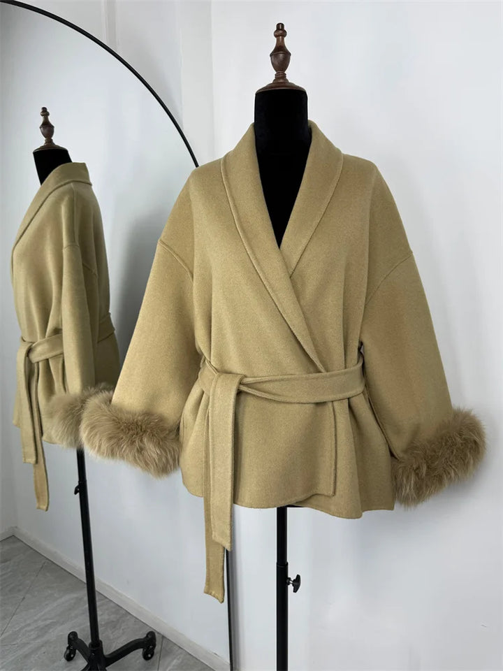 Women's Wool Coat, Double Sided Short Overcoat with Collar Detail