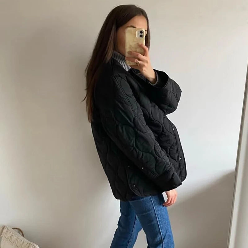 Women's Quilted Jacket, Black Padded Long Sleeve Winter Coat