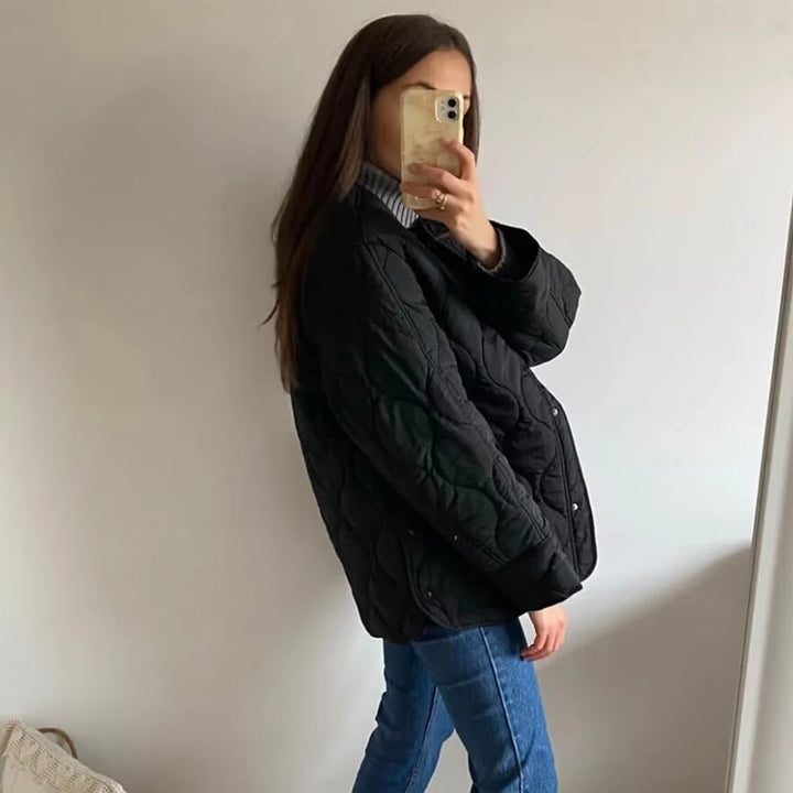 Women's Quilted Jacket, Black Padded Long Sleeve Winter Coat