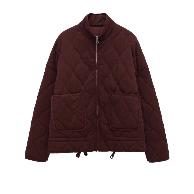 Women's Quilted High-Collar Jacket with Large Pockets in Burgundy