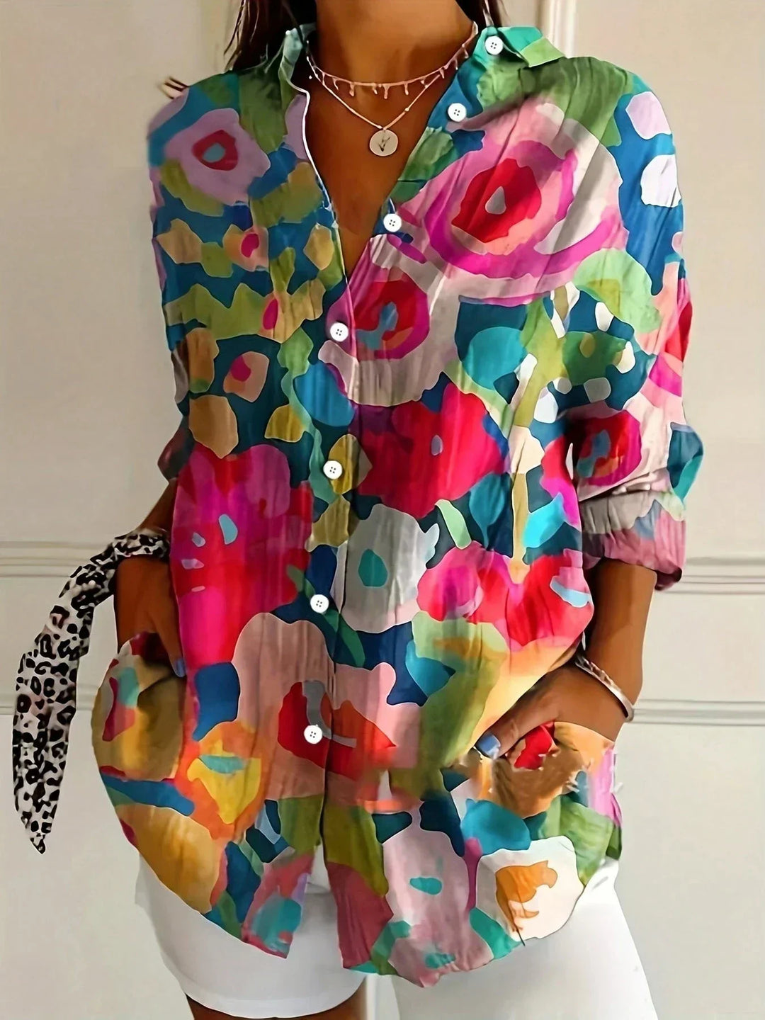 Women's Printed Blouse, Colorful Pattern Casual Summer Top Plus Size