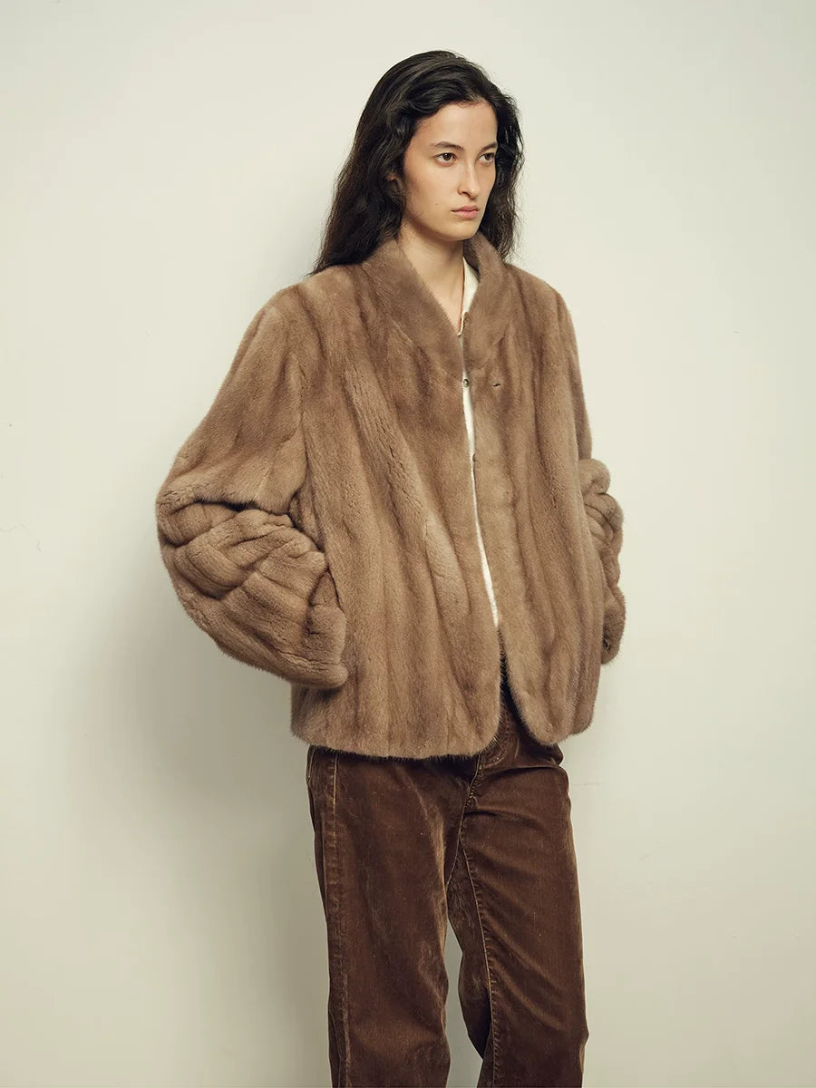 Women's Short Silky Faux Fur Coat with Stand Collar in Pastel Mix