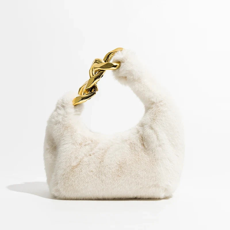 Women's Faux Fur Crescent Shoulder Bag with Chain Strap in White