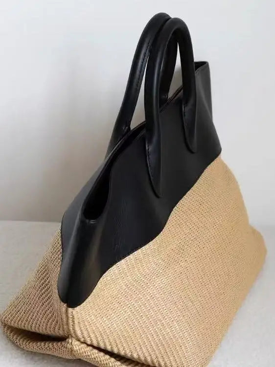 Women's Black Woven Raffia Color-Block Tote Bag, view 2