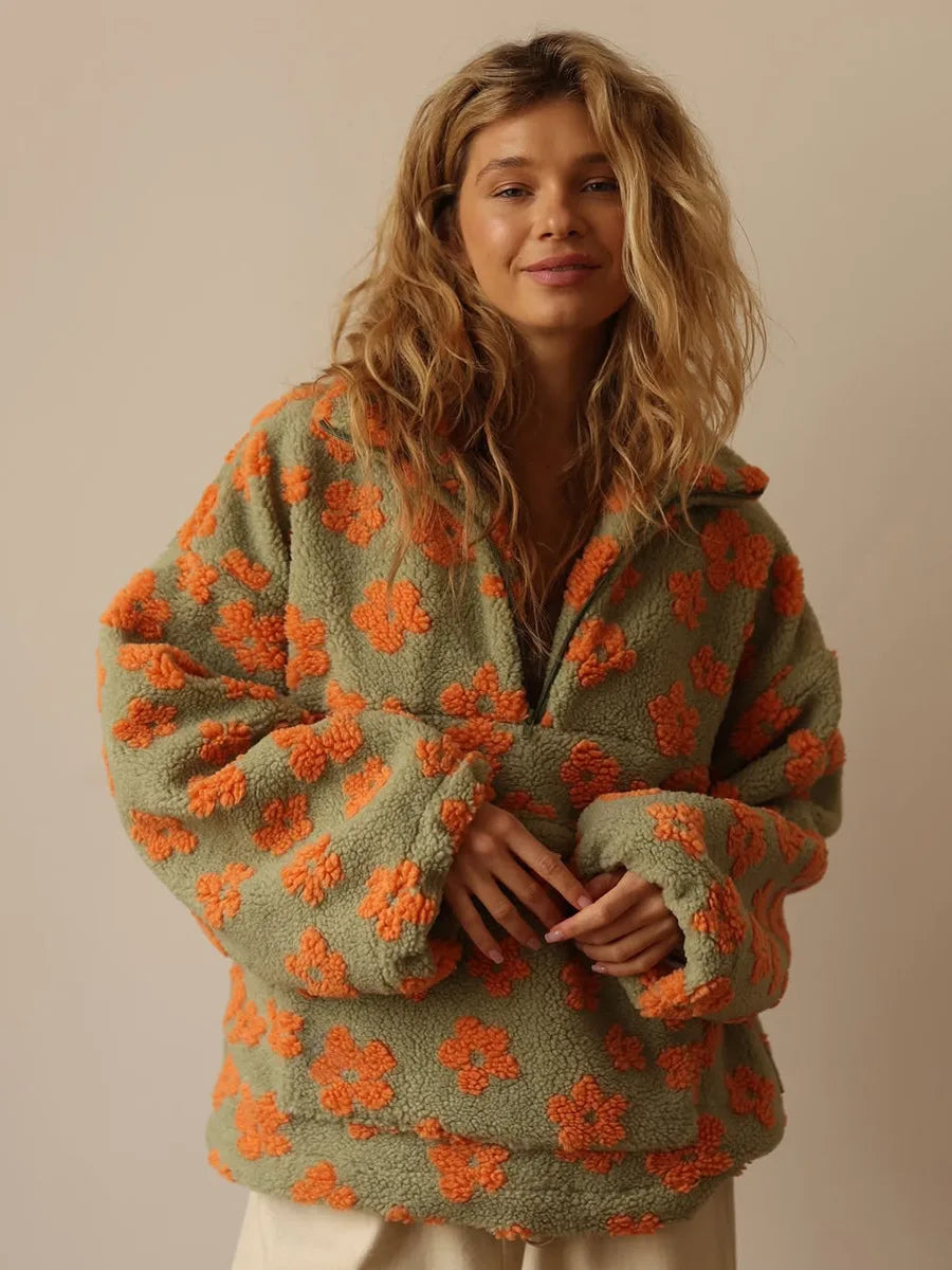 Women's Sherpa Pullover Hoodie, Half Zip Floral Fleece Sweatshirt
