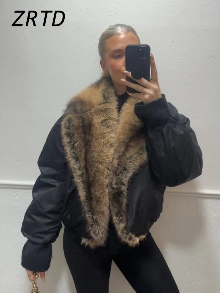 Women's Faux Fur Coat, Cropped Patchwork Lapel Warm Winter Jacket
