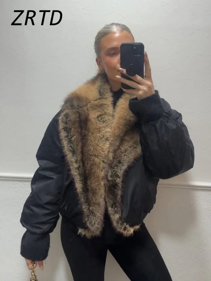 Women's Faux Fur Coat, Cropped Patchwork Lapel Warm Winter Jacket