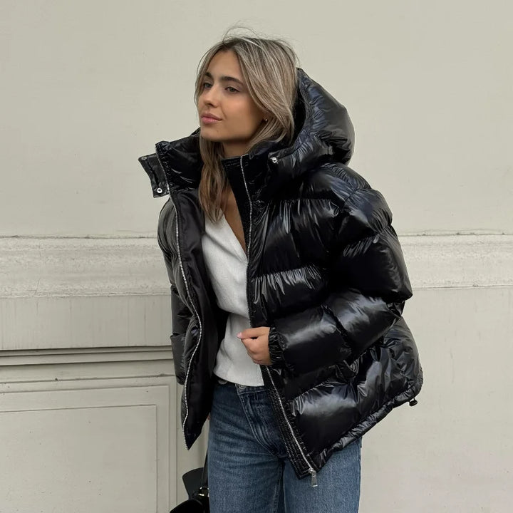 Women's Cropped Puffer Jacket, Glossy Hooded Zip Up Short Winter Coat