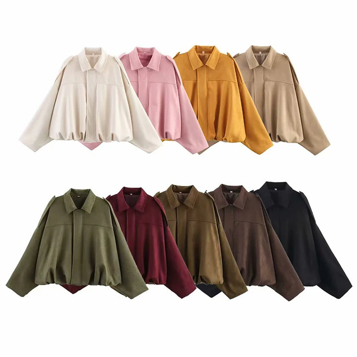 Women's Bomber Jacket, Turn Down Collar Loose Vintage Fall Coat