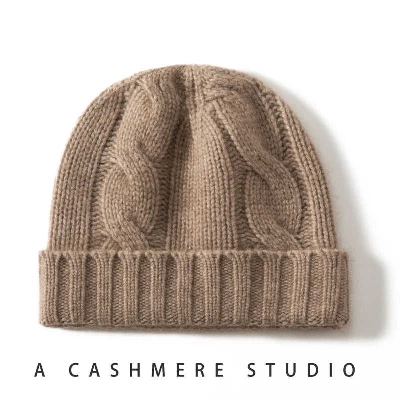 Women's Chunky Cable Cashmere Beanie with Ribbed Cuff, view 15