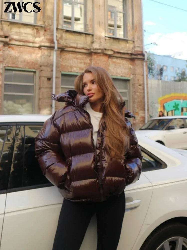 Women's Cropped Puffer Jacket, Glossy Hooded Zip Up Short Winter Coat