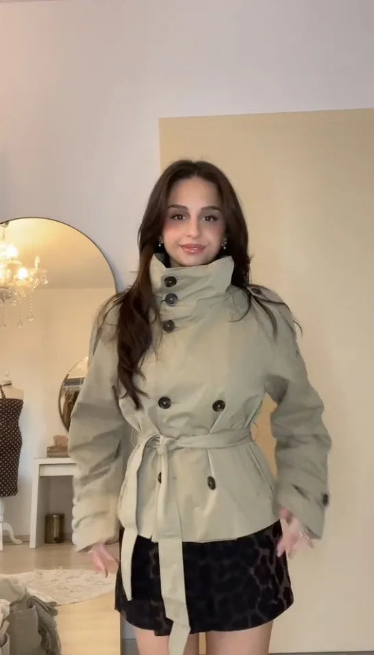 Women's Cropped Trench Coat, Belted Double Breasted Fall Jacket