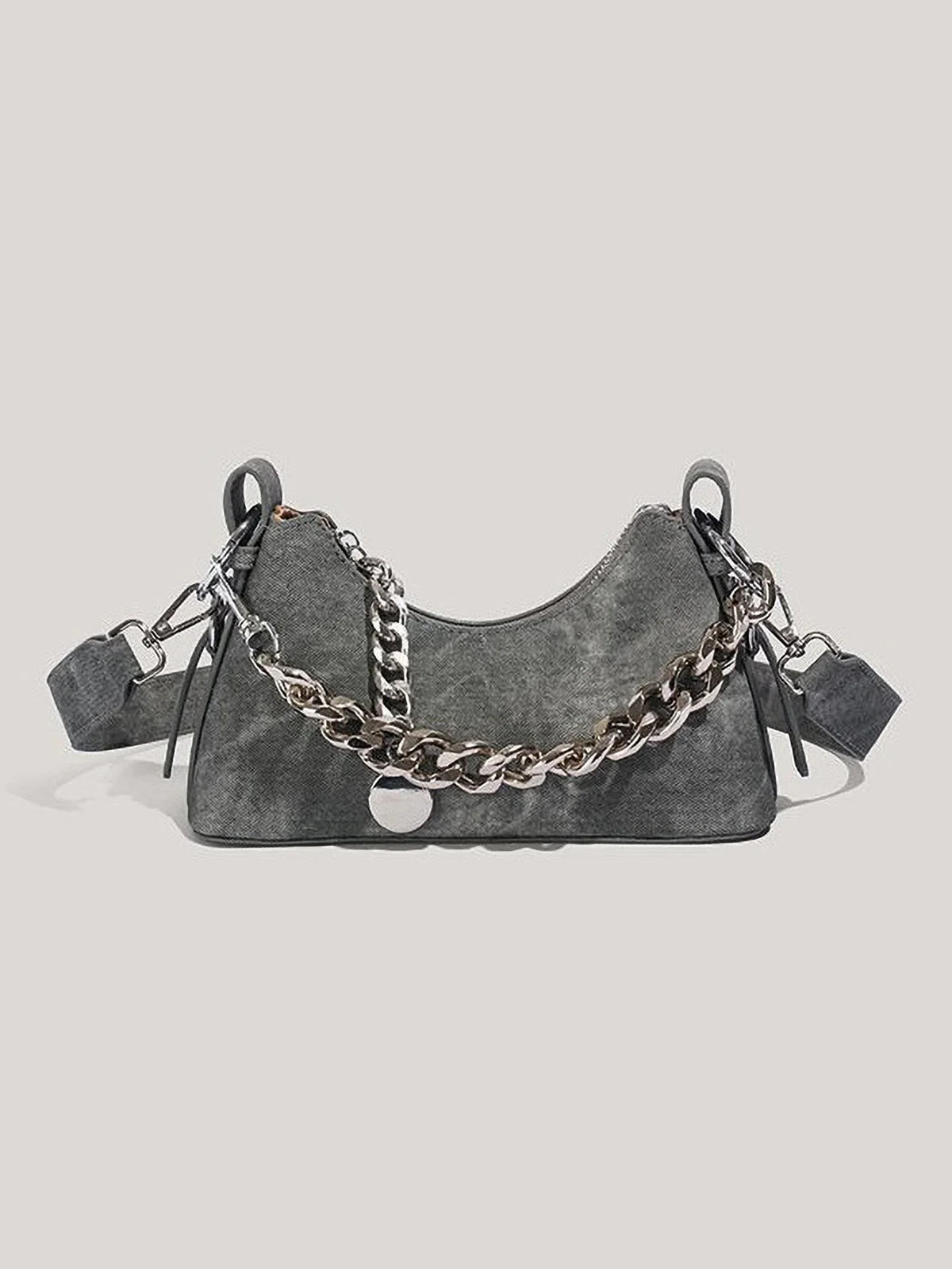 Women's Denim Shoulder Bag with Chunky Chain Strap in Gray