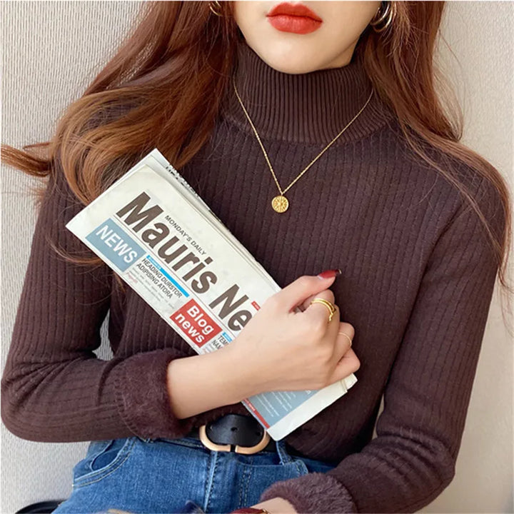 Women's Turtleneck Sweater, Fleece Lined Thermal Knit Base Layer Top