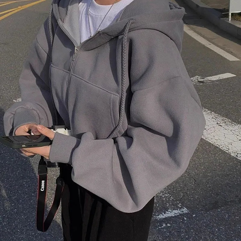 Women's Cropped Zip-Up Hoodie with Brushed Interior in Dark Gray