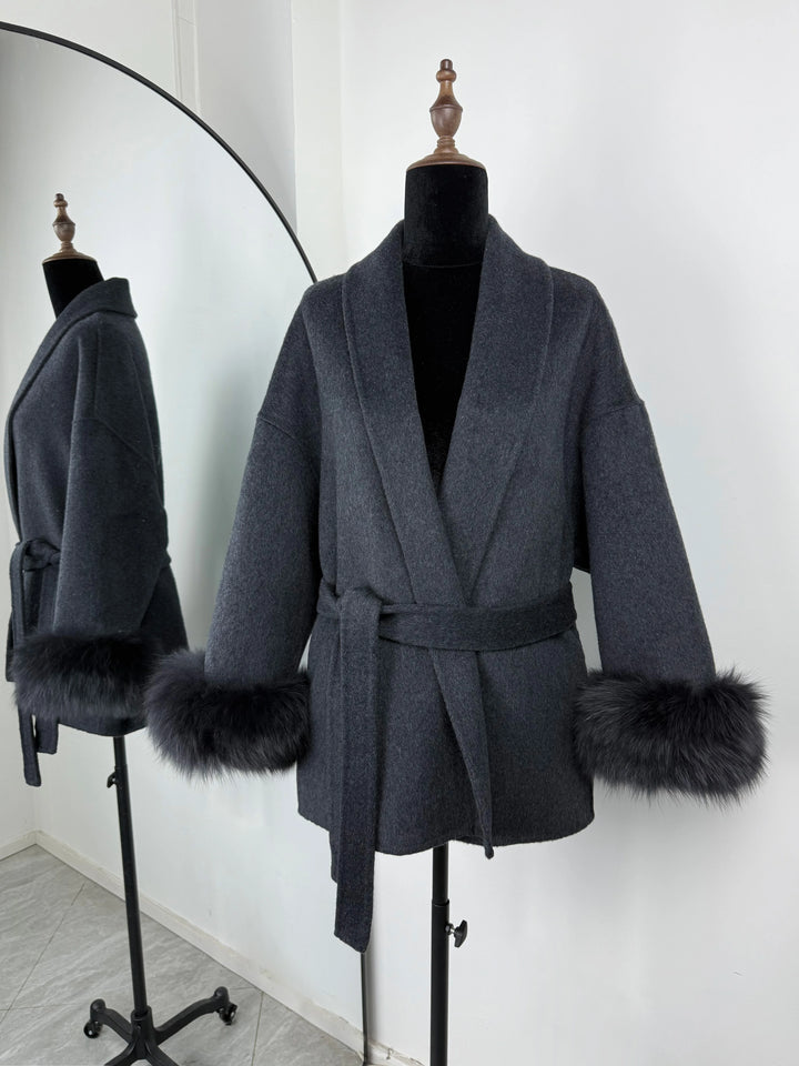 Women's Wool Blend Coat, Double Sided Short Overcoat with Fur Collar