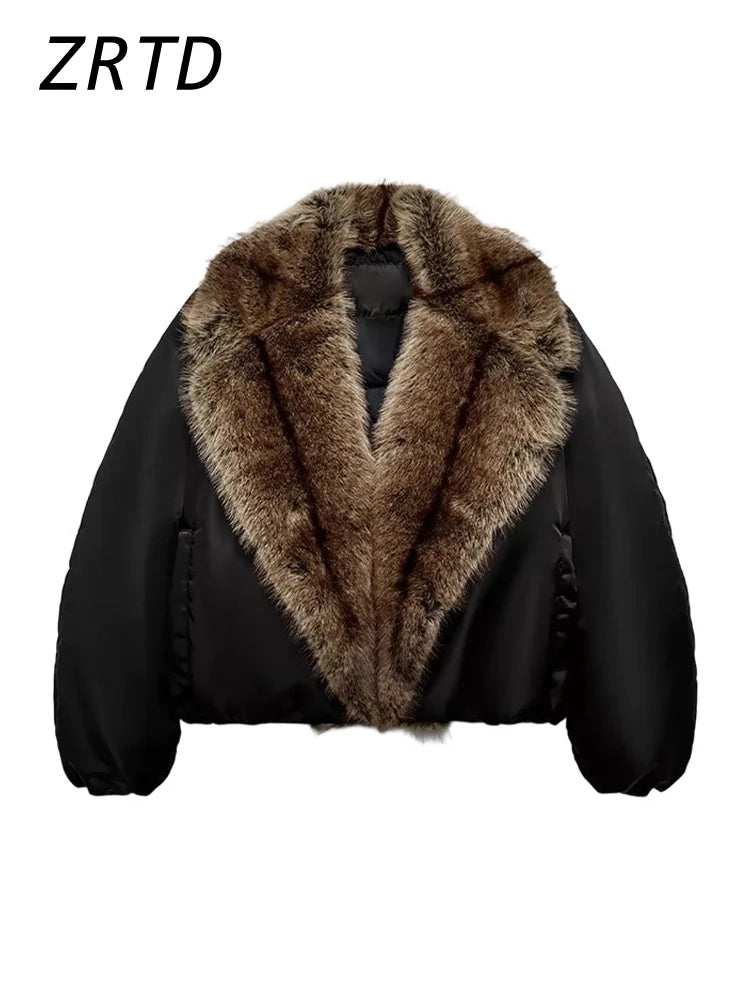 Women's Faux Fur Coat, Cropped Patchwork Lapel Warm Winter Jacket
