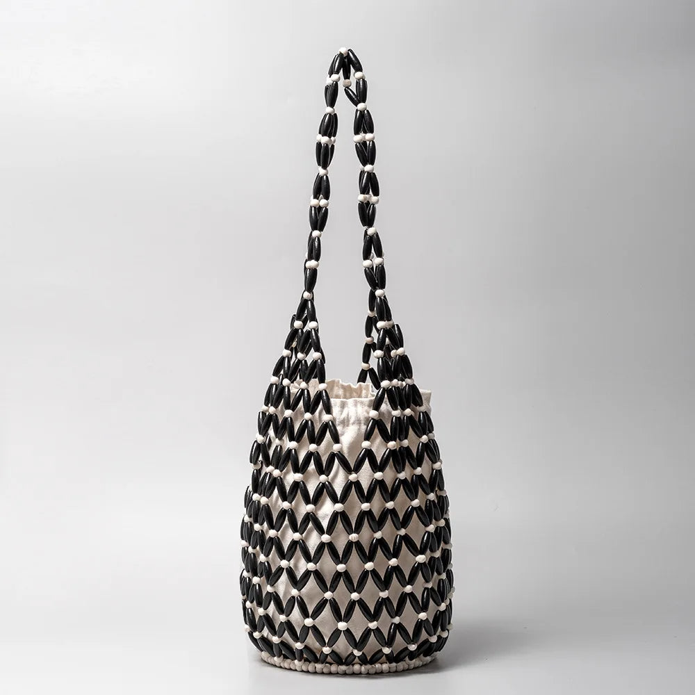 Women's Netted Woven Beach Tote with Wooden Beads in Zebra