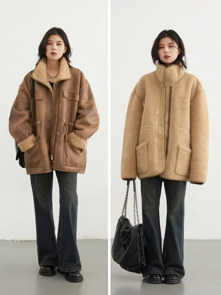 Women's Suede Jacket, Reversible Thick Warm Winter Coat