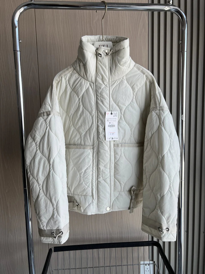 Women's Quilted Jacket, Drawstring High Neck Padded Coat with Pockets