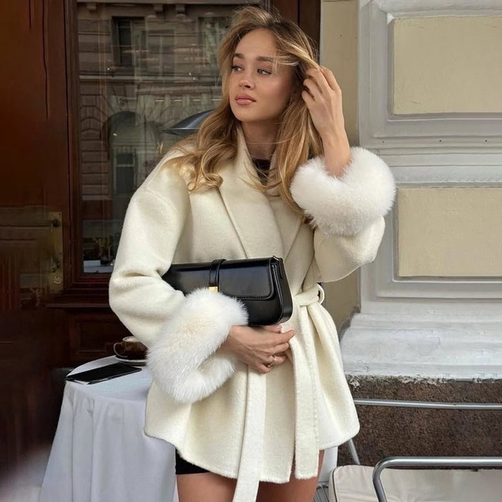Women's Wool Blend Coat, Double Sided Short Overcoat with Fur Collar