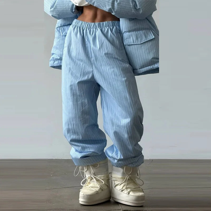 Women's Blue Hooded Quilted Puffer Coat with Stand Collar, view 14