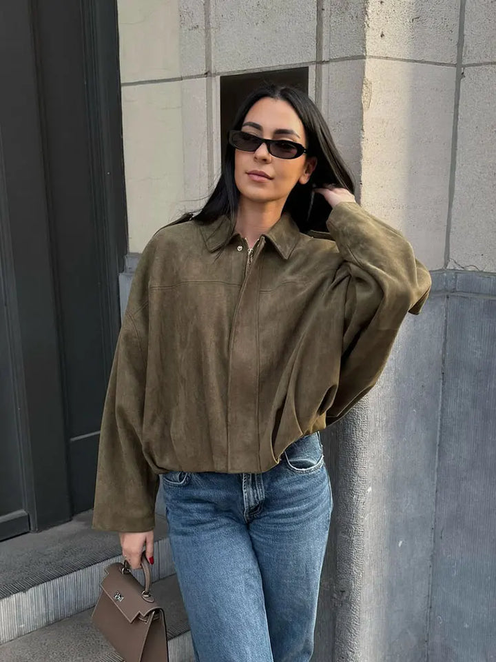 Women's Suede Jacket, Oversized Batwing Sleeve Zip Up Winter Coat