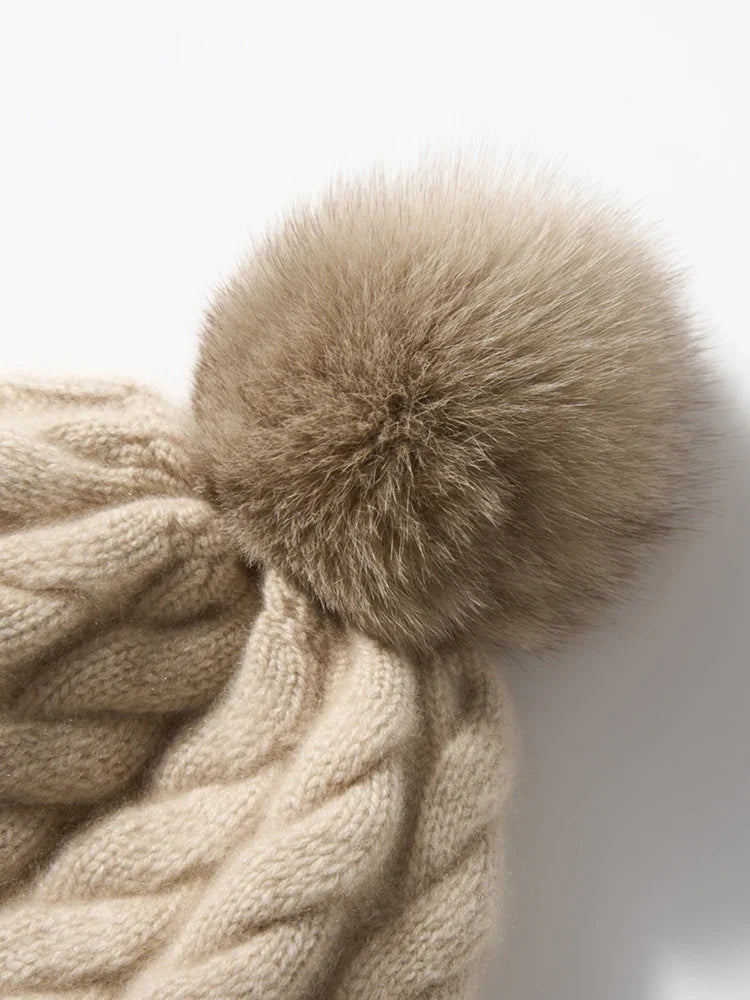 Women's Hand-Knit Cashmere Cable Beanie with Pom-Pom, view 5