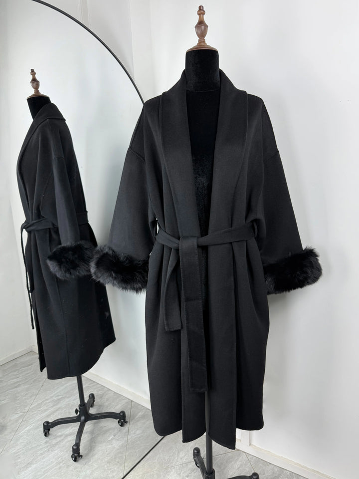 Women's Wool Blend Coat, Double Sided Short Overcoat with Fur Collar