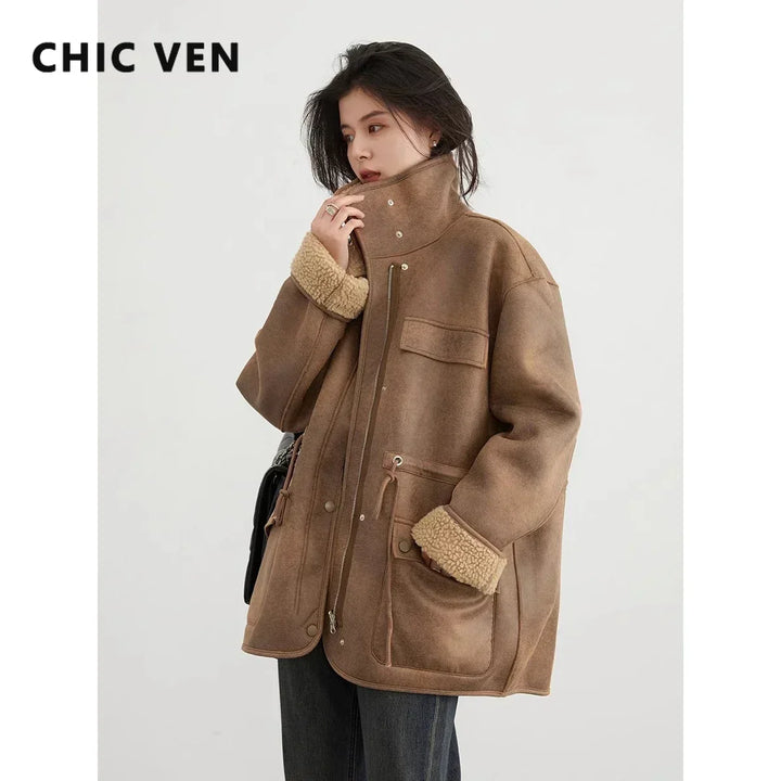 Women's Suede Jacket, Reversible Thick Warm Winter Coat