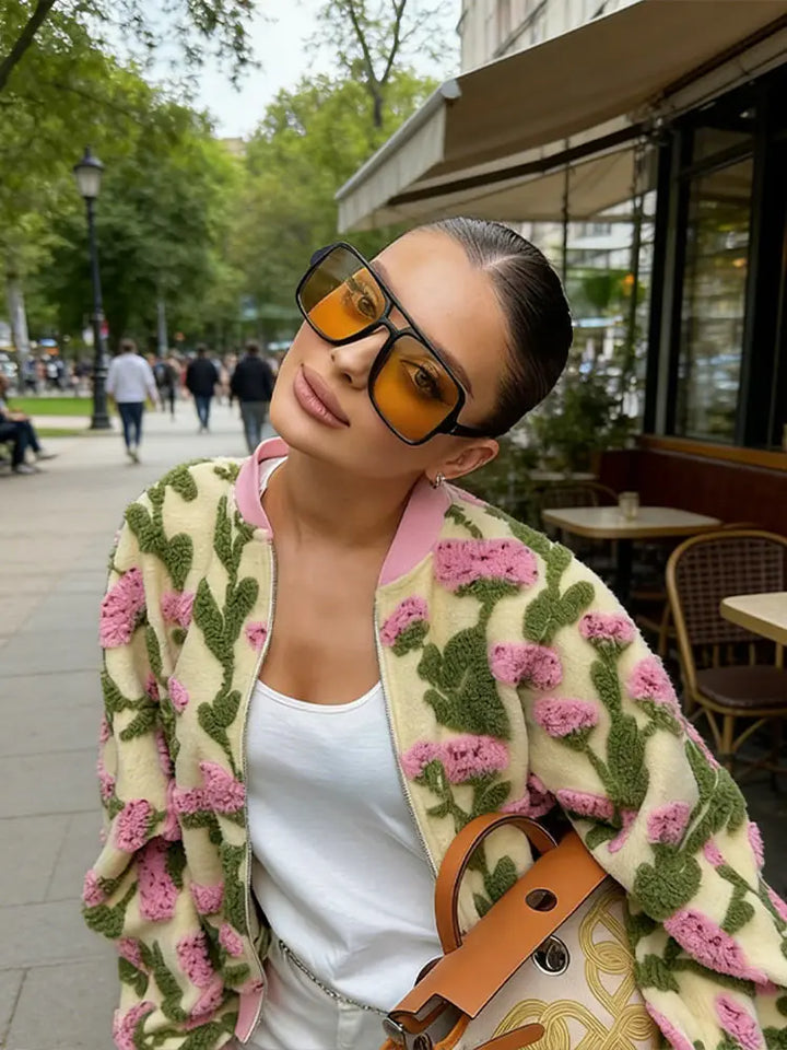 Women's Fleece Bomber Jacket, Oversized Zip Up Plush Coat