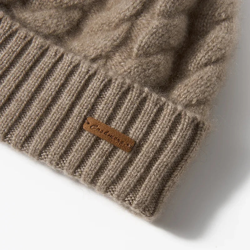 Women's Hand-Knit Cashmere Cable Beanie with Pom-Pom, view 18