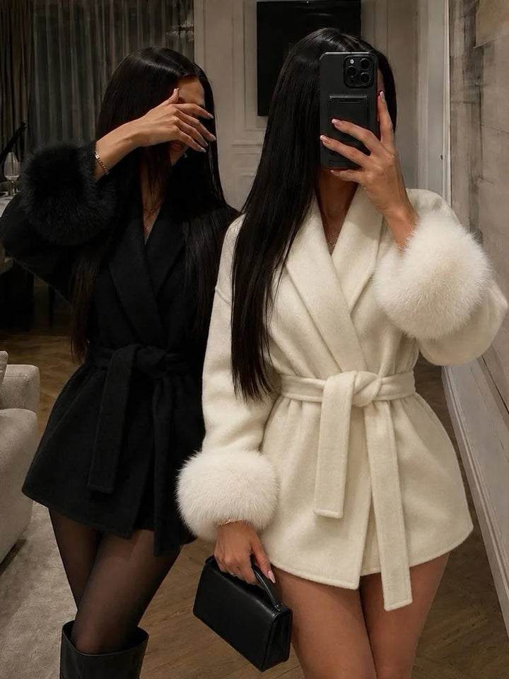 Women's Wool Coat, Double Sided Short Overcoat with Collar Detail