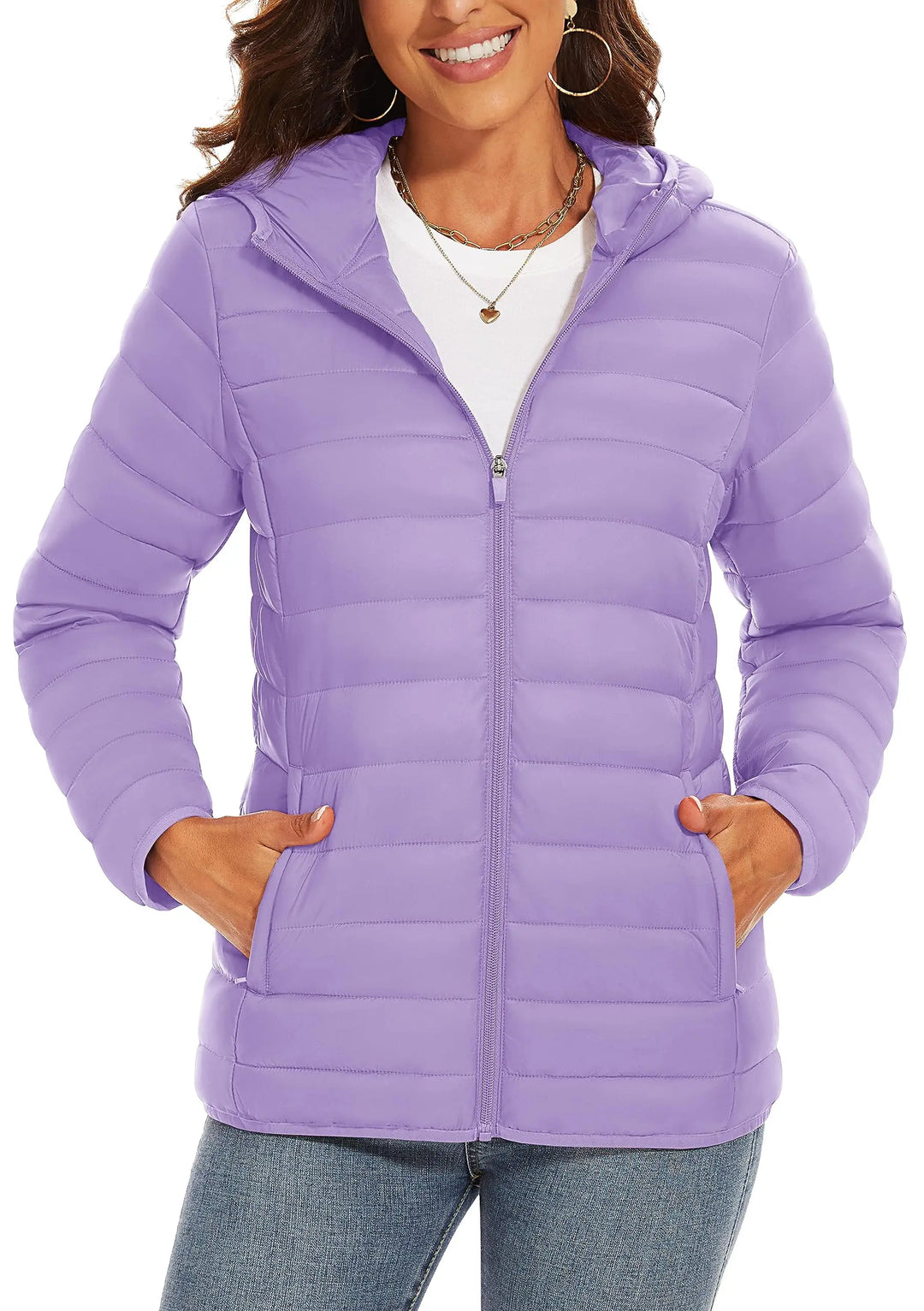 Women's Hooded Puffer Jacket, Lightweight Quilted Padded Windbreaker Coat