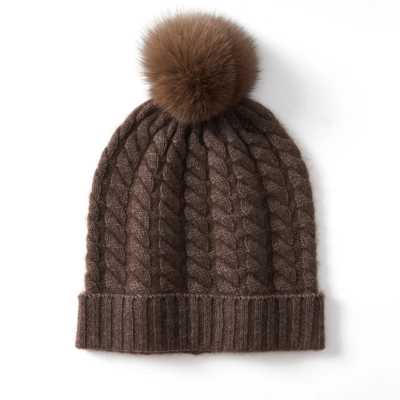 Women's Soft Knit Cashmere Beanie with Pom-Pom in Coffee