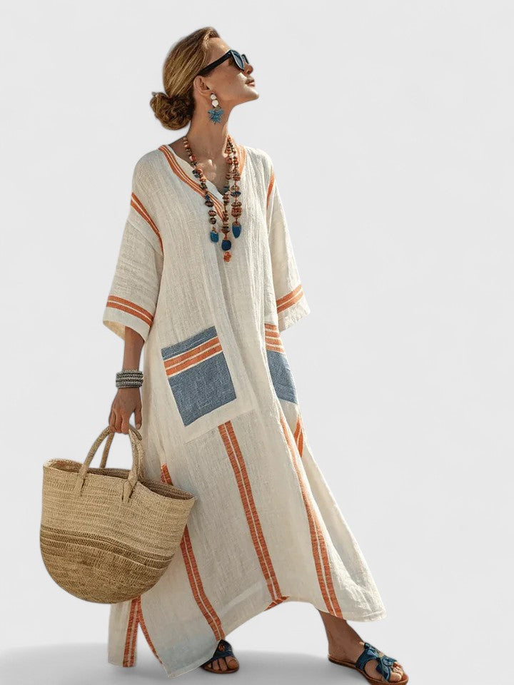 Women's Two-Tone Relaxed-Fit Maxi Dress in Beige Orange