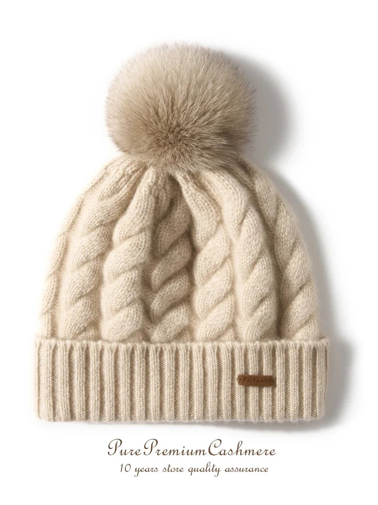 Women's Hand-Knit Cashmere Cable Beanie with Pom-Pom, view 2