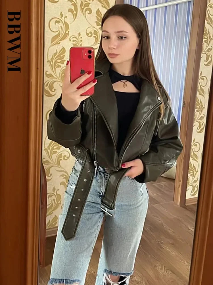 Women's Black Oversized Belted Faux Leather Biker Jacket, view 5
