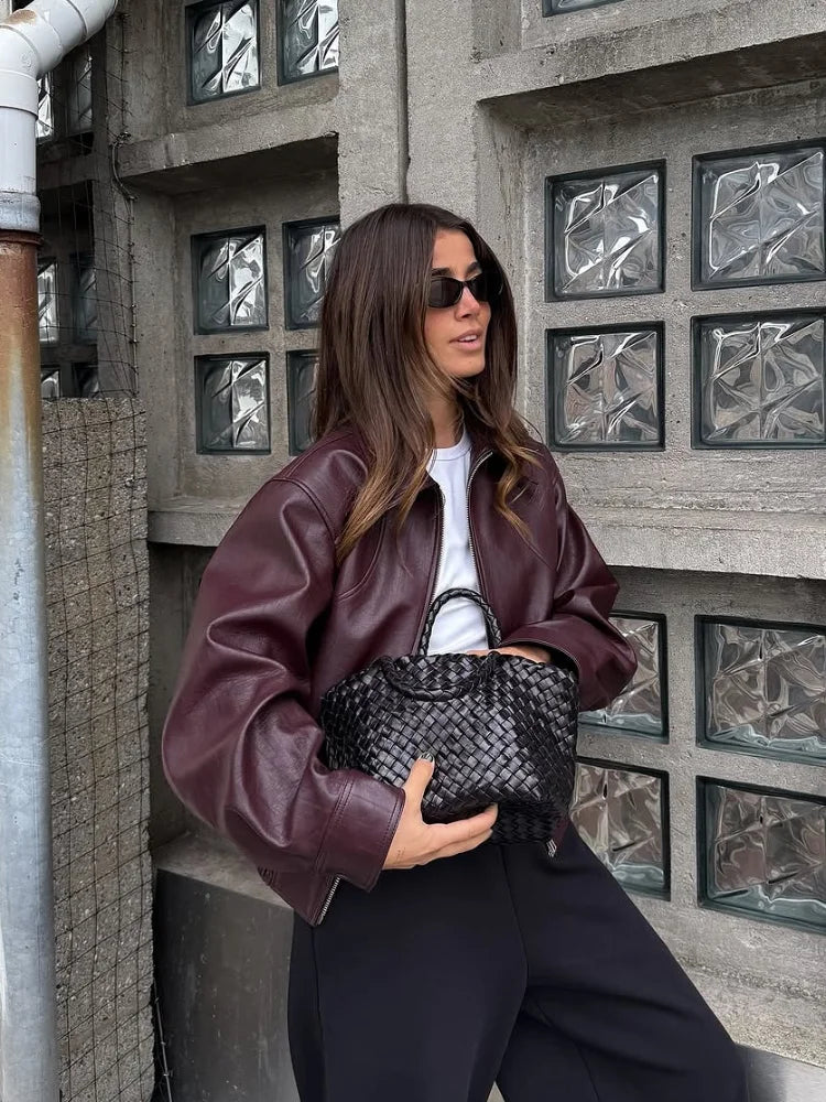 Women's Wine Red Faux Leather Short Jacket with Lapel Collar