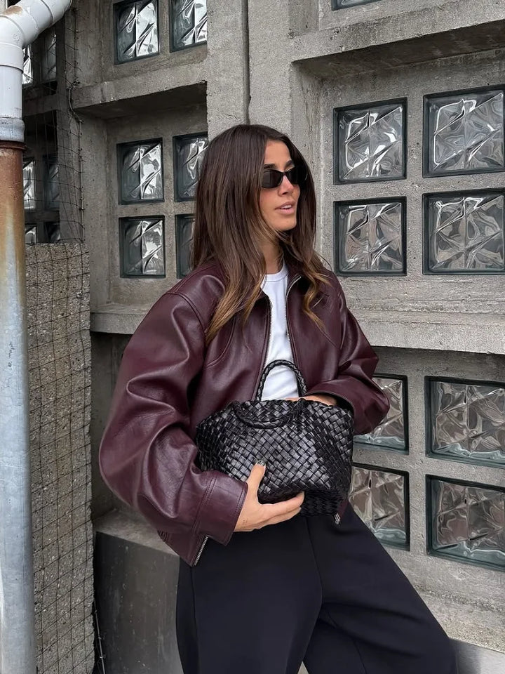 Women's Faux Leather Jacket, Wine Red Lapel Zip Up Short Coat