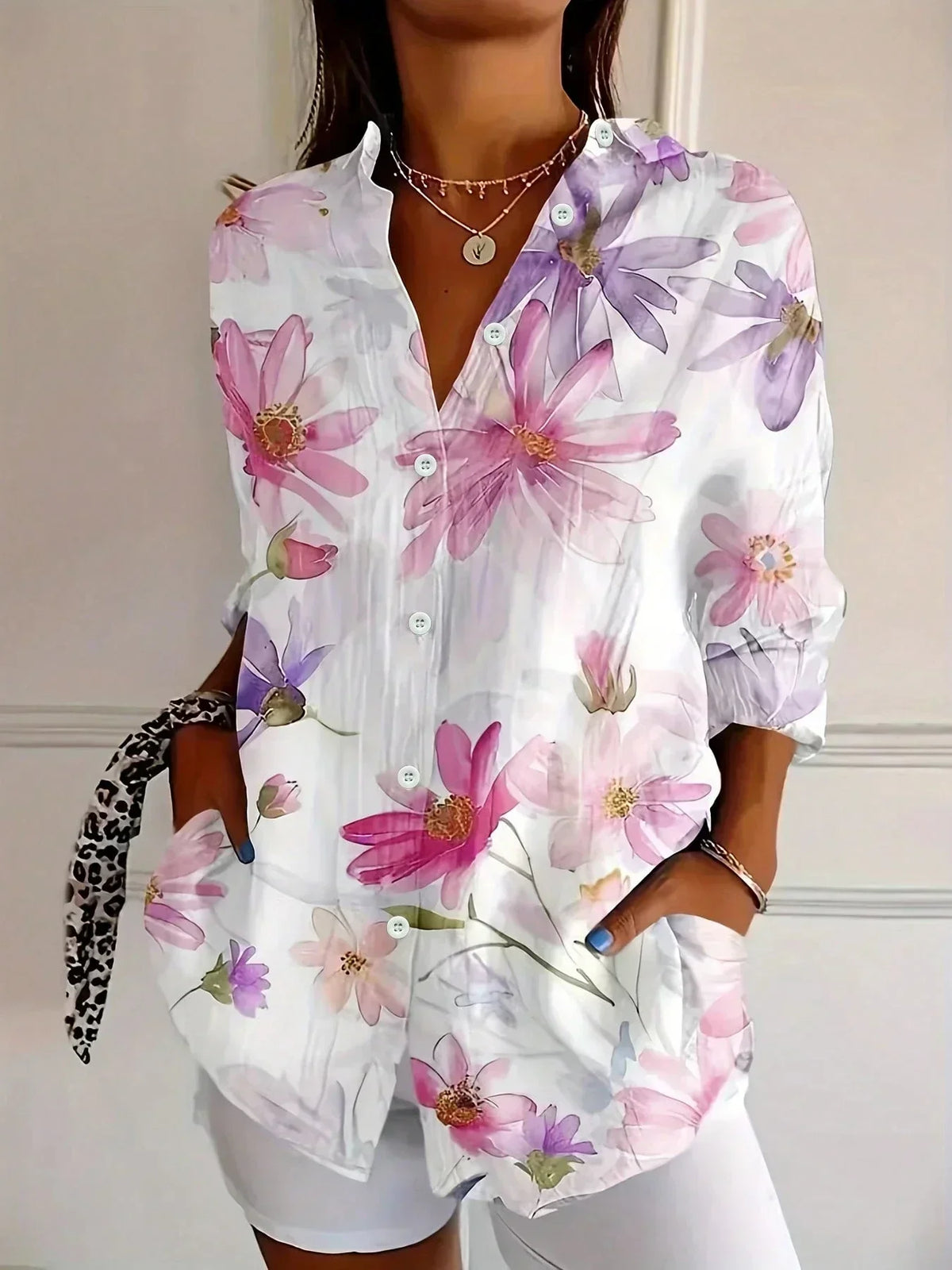 Women's Lightweight Relaxed Blouse with Playful Print in White