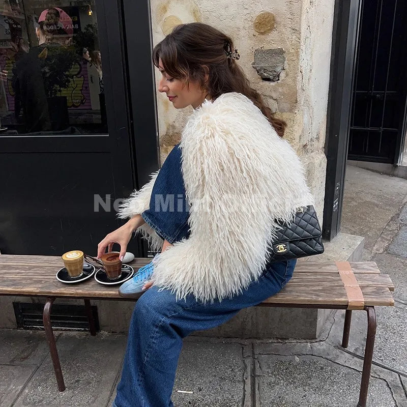 Women's Cropped Faux Fur Coat, Fluffy Round Neck Warm Winter Jacket