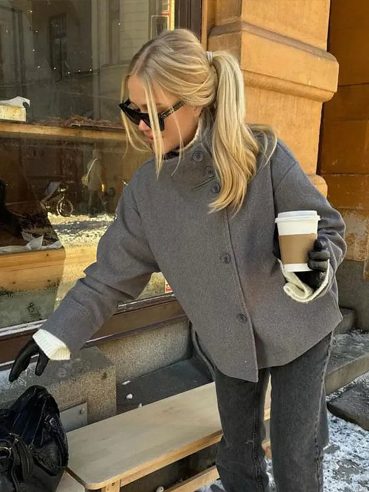 Women's Stand Collar Coat, Single Breasted Short Wool Blend Work Jacket