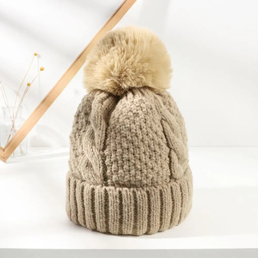 Women's Thick Knit Cotton Beanie with Ear Flaps in Camel