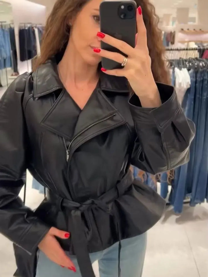 Women's Faux Leather Trench Coat, Belted Lapel Vintage Moto Jacket
