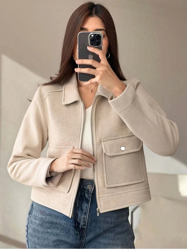Women's Short Zip Up Jacket, Winter Pocket Coat Elegant Outerwear