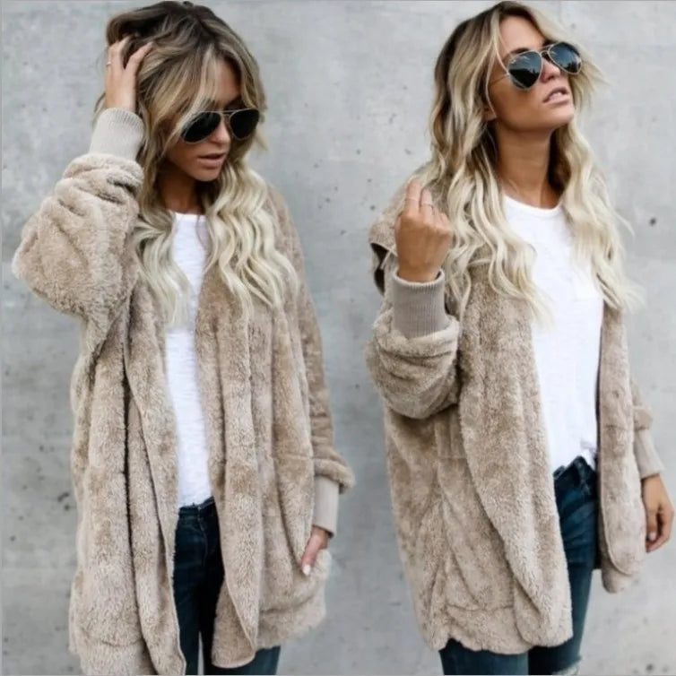 Women's Fleece Jacket, Oversized Hooded Sherpa Cardigan Coat