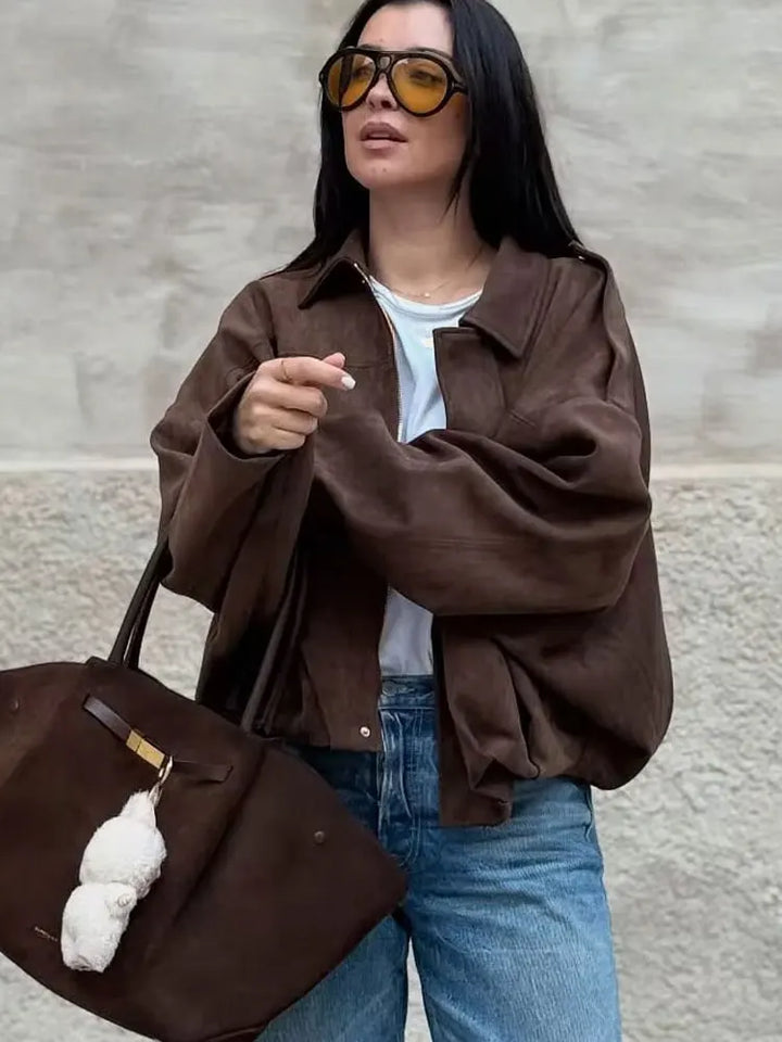 Women's Suede Jacket, Oversized Batwing Sleeve Zip Up Winter Coat