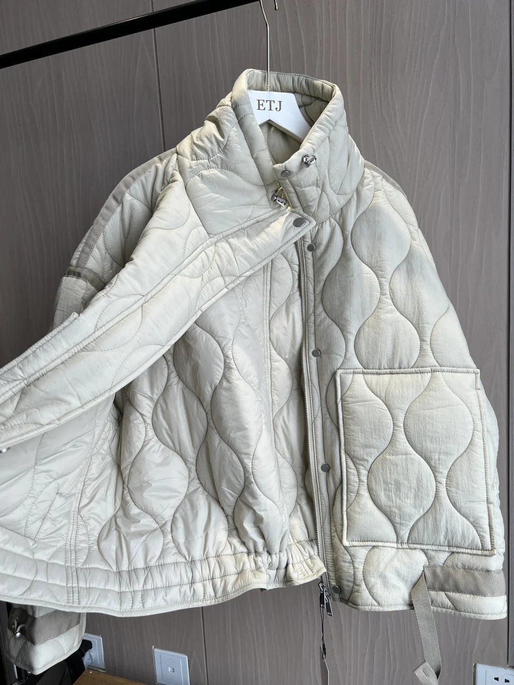 Women's Quilted Drawstring Waist Jacket with High Neck, view 5