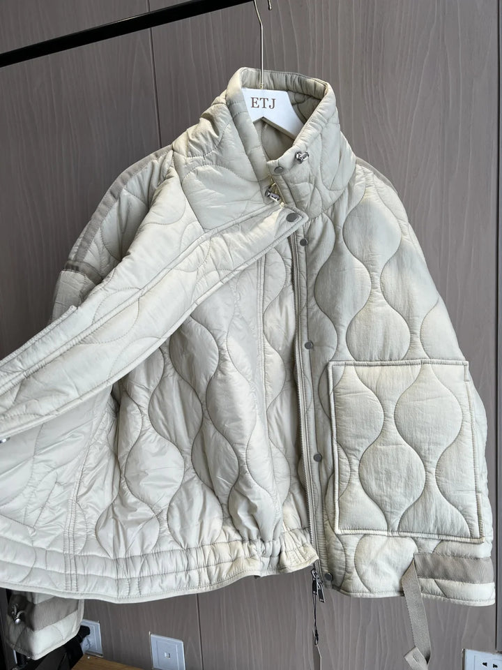 Women's Quilted Jacket, Drawstring High Neck Padded Coat with Pockets